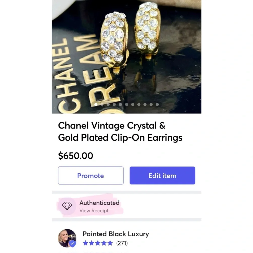 Chanel Vintage Crystal & Gold Plated Half Moon Clip-On Earrings